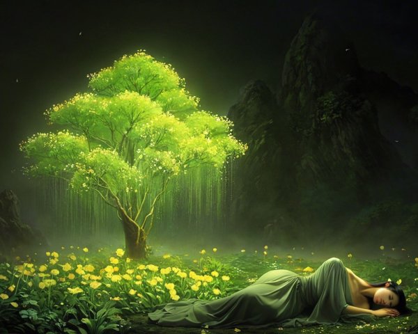Serene Woman in Flowing Garments on Lush Meadow