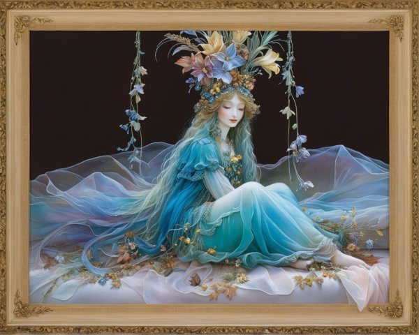 Serene figure amidst flowing fabrics and floral accents