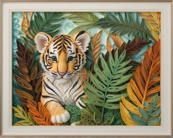 Paper Quilling Artwork of a Tiger Cub Among Leaves