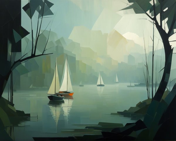 Abstract Landscape with Sailboats and Tranquil Water