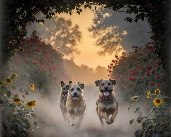 Joyful dogs running in a lush garden at sunset