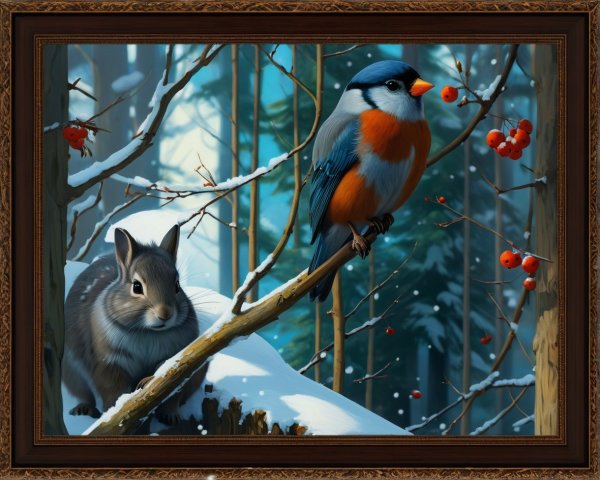 Digital Painting of a Winter Forest with Wildlife