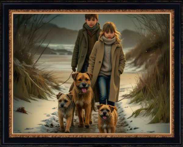 Winter Beach Scene with Children and Dogs in Snow