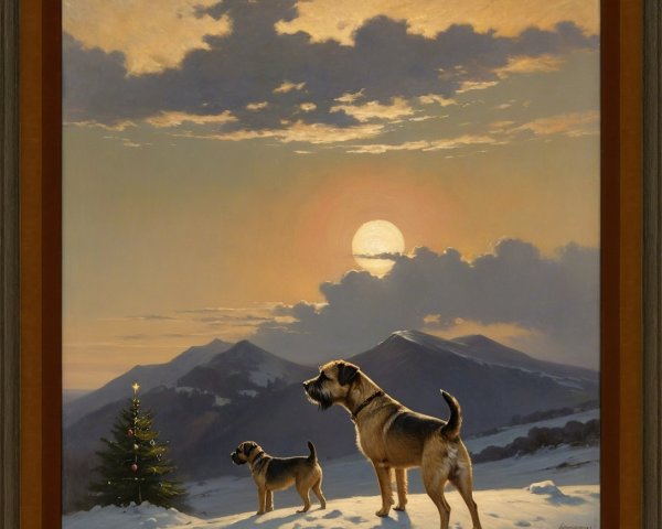 Border Terriers in Snowy Mountain Landscape at Sunset