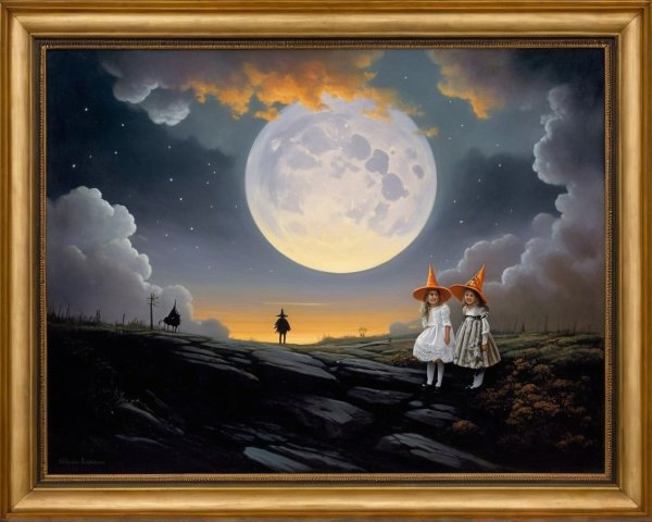 Surreal Landscape with Girls in Witch Hats and Moon