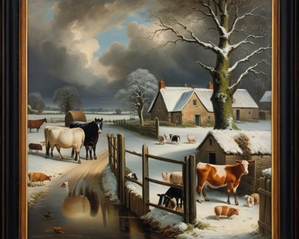 Serene Winter Landscape with Countryside and Livestock