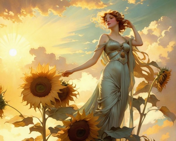 Woman in flowing gown among towering sunflowers
