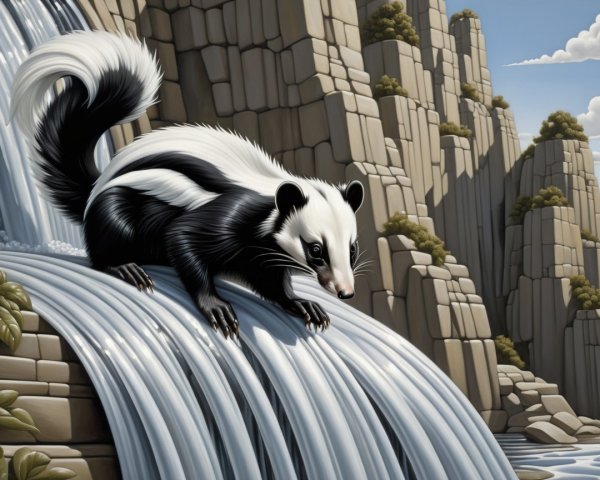 Stylized Illustration of a Badger by a Waterfall