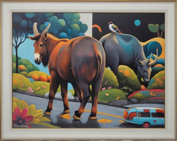 Vibrant Landscape with Mule, Buffalo, and Caravan