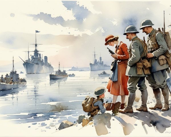 Coastal Scene with Soldiers and a Woman in Red Dress