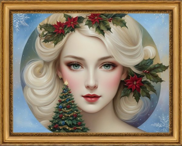 Portrait of a Woman with Blonde Hair and Christmas Tree