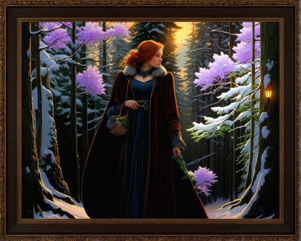 Painting of a woman in blue dress in snowy forest
