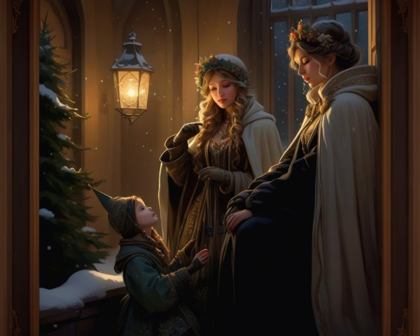 Vintage Painting of Three Figures in Snowy Setting