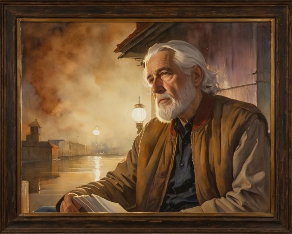 Oil Painting of an Older Man in a Nighttime Scene