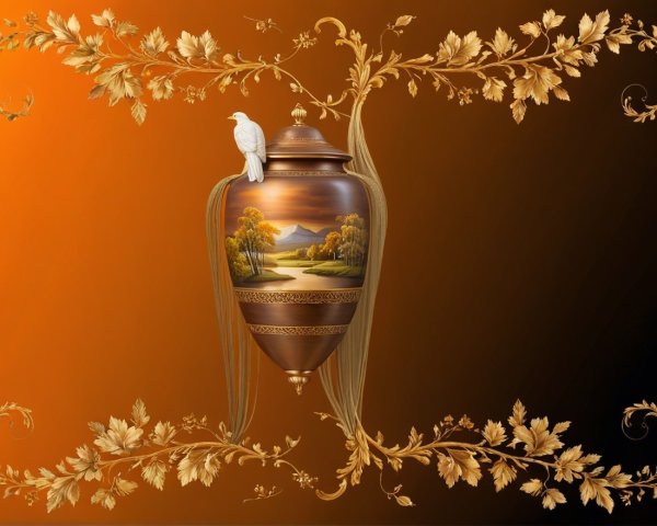 Elegantly Designed Urn with Serene Landscape and Bird