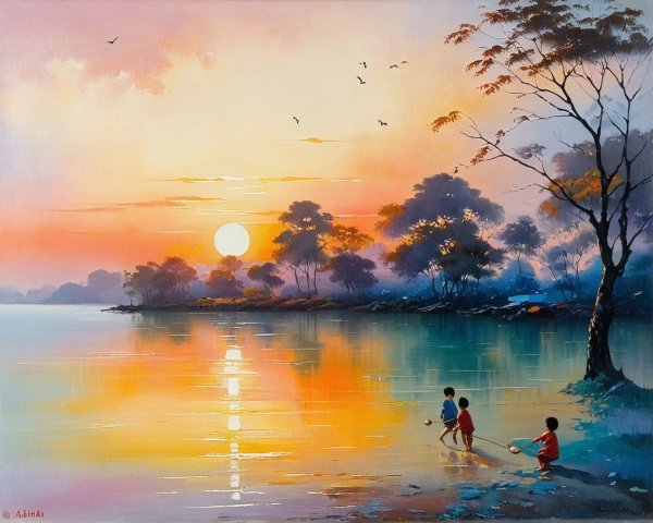 Serene Sunset Over a Calm Lake with Children Playing