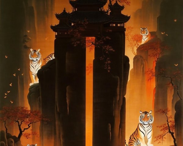 Majestic Tigers Surrounding Ancient Building in Nature