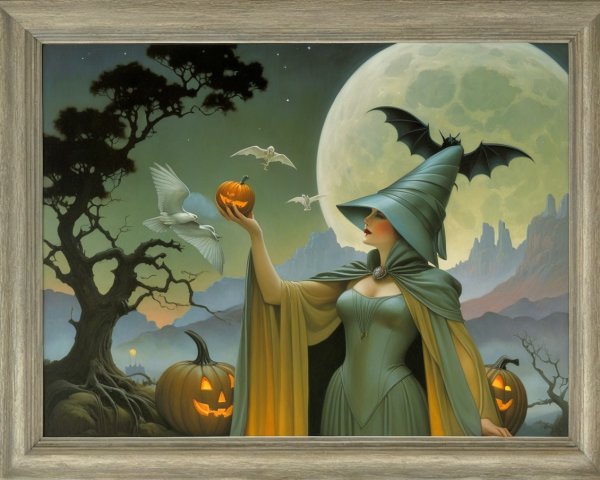 Witch with Glowing Pumpkin in Enchanting Halloween Scene