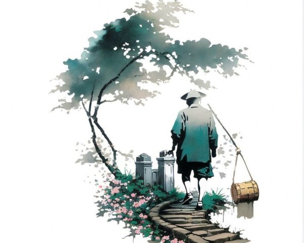 Lone Figure in Traditional Attire on Stone Path