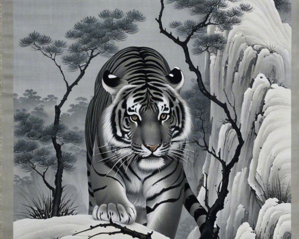 Majestic tiger on rocky ledge in misty mountains