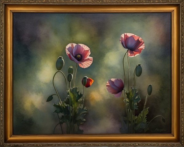 Poppy Flowers in Pink and Red with Green Foliage