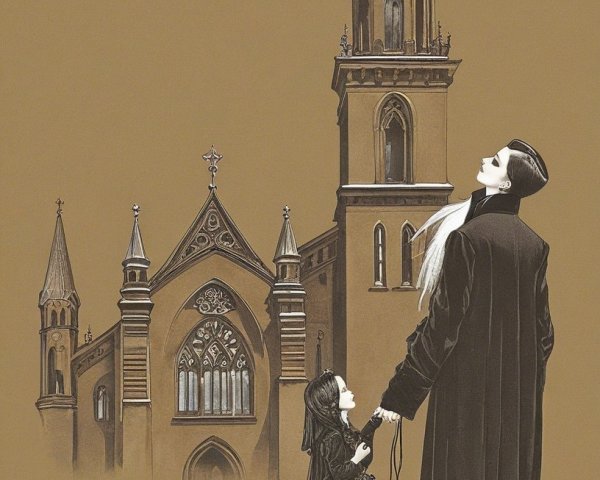 Somber scene of a figure and girl before a church