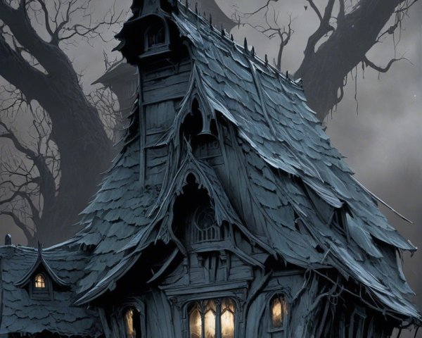 Twisted House in Foggy, Eerie Landscape with Glow