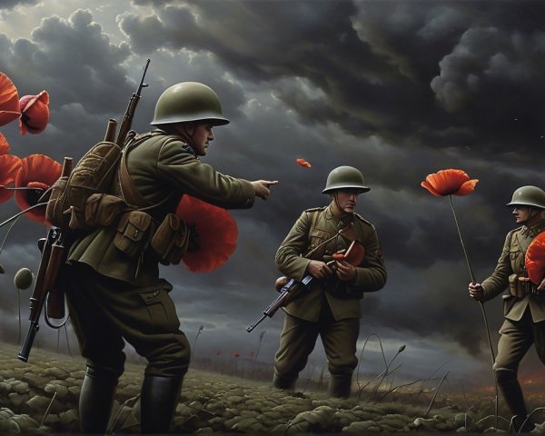 Soldiers in Poppy Field Under Stormy Sky