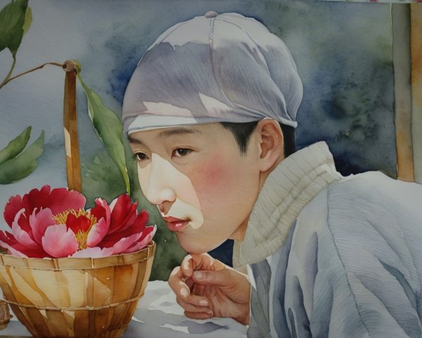 Watercolor Painting of Youth with Pink Peony