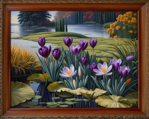 Serene Landscape with Flowers and Calm Water Reflection