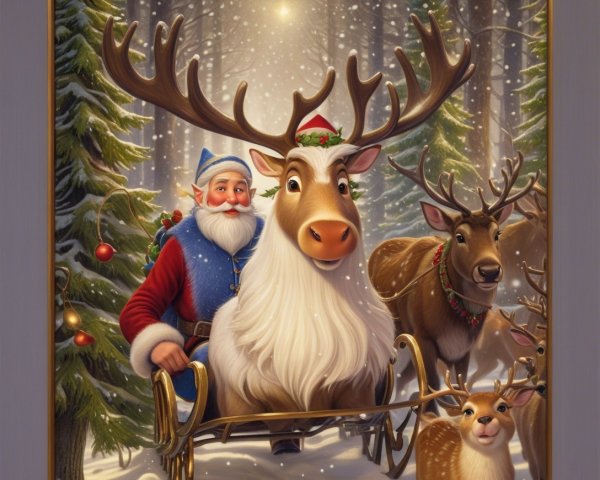 Santa Claus in a blue and red suit in a golden sleigh