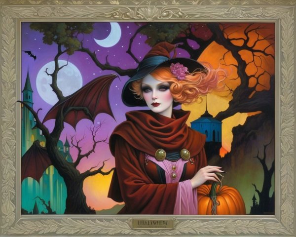 Gothic Witch Illustration with Twilight Sky and Pumpkins