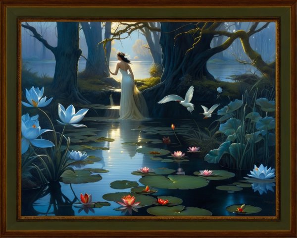 Moonlit Oasis with Fair Maiden and Waterfall Scene