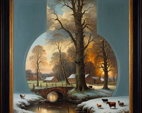 Serene Winter Landscape with Stream and Bridge