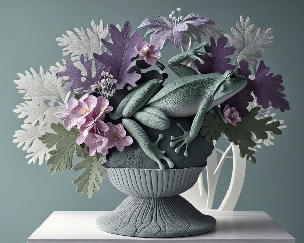 Green Frog Surrounded by Colorful Flowers in a Vase