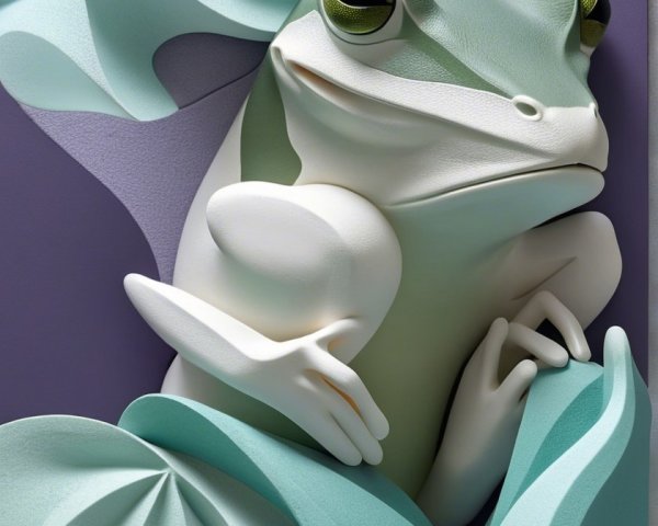 Stylized Frog Among Abstract Blue and Green Leaves