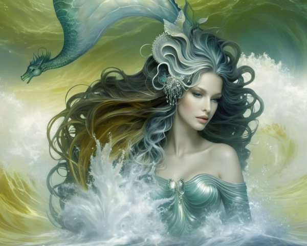 Ethereal Mermaid with Dragon in Vibrant Ocean Scene