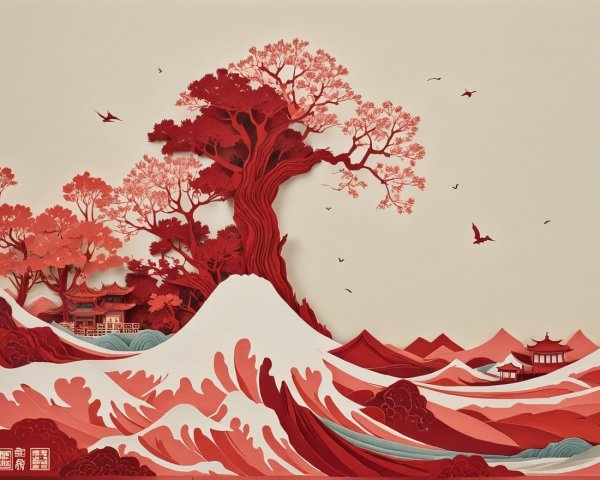 Vibrant Paper-Cut Landscape with Waves and Mountains