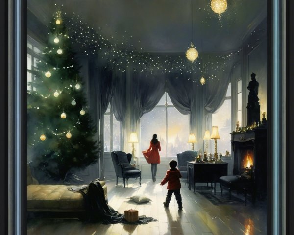 Cozy Christmas Scene with Decorated Tree and Snowy View