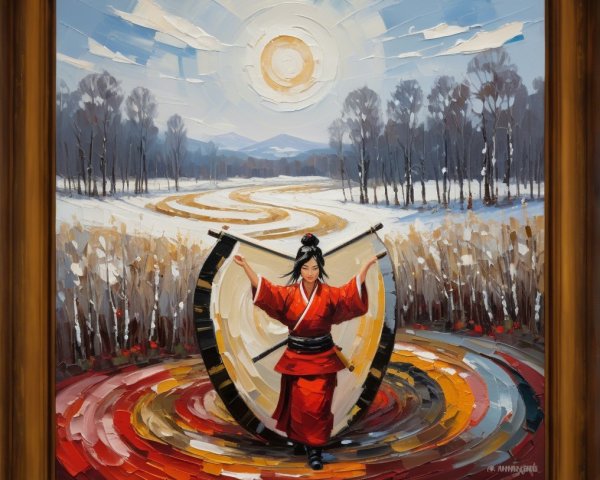 Oil Painting of Japanese Woman in Red Kimono