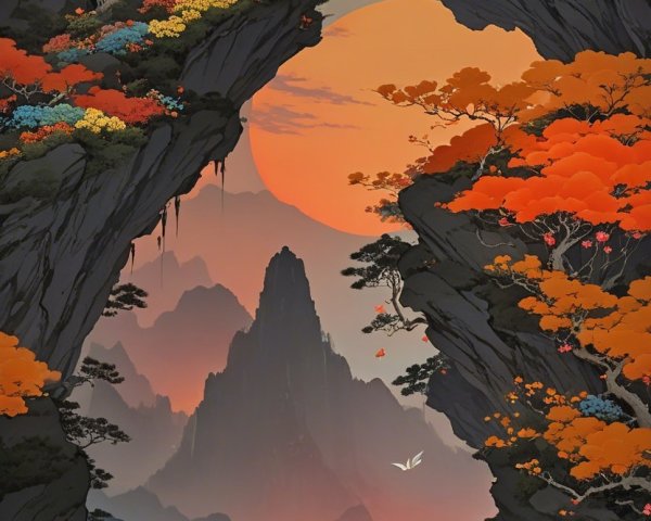 Autumn Landscape with Mountains and Sunset Glow