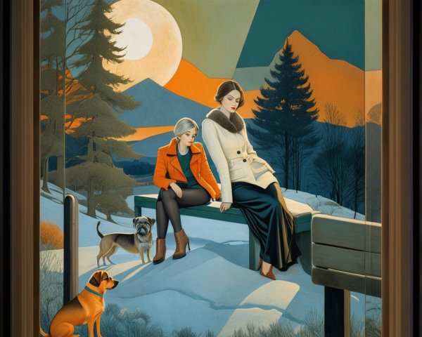 Women and dogs resting by a lake at night