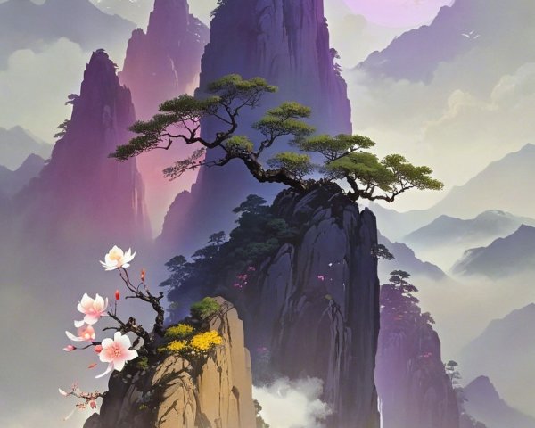 Serene Mountain Landscape with Cherry Blossoms and Moon
