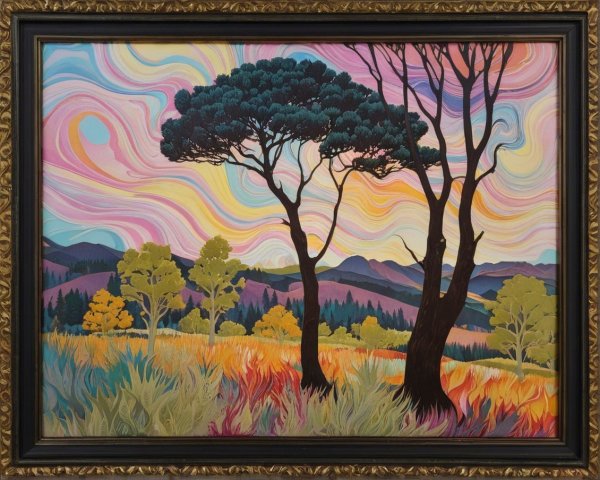 Vibrant Landscape with Dreamy Sky and Silhouetted Trees