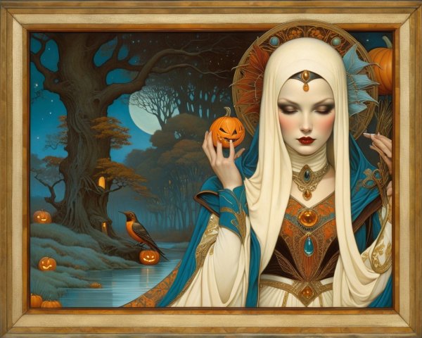 Serene witch in moonlit forest with pumpkins and raven