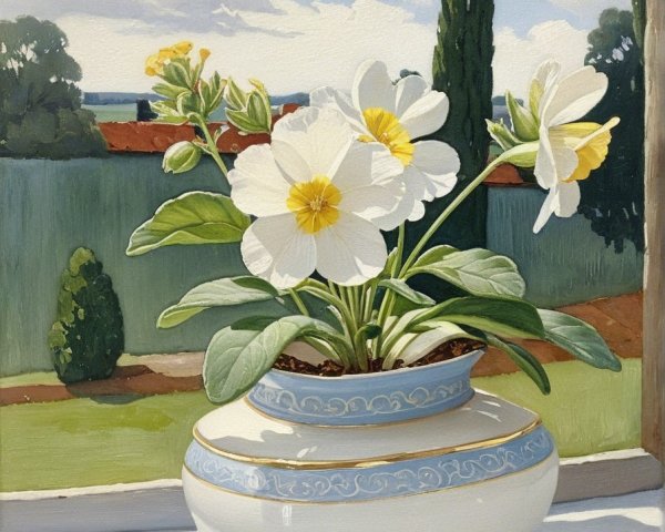 Still-Life Painting of Porcelain Pot with Flowers