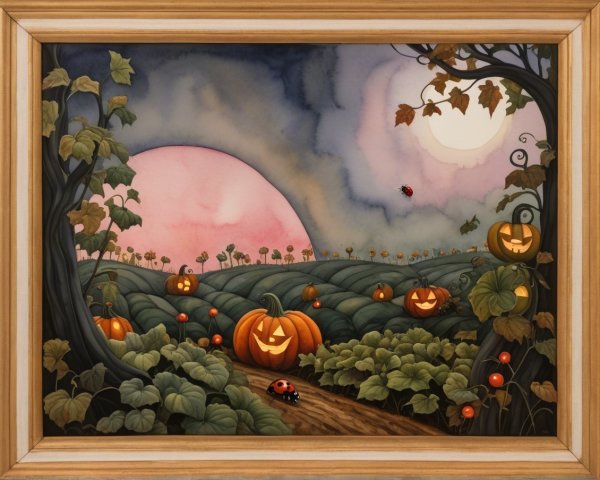 Whimsical Autumn Landscape with Glowing Pumpkins