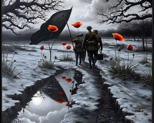 Soldiers in Snowy Landscape with Dark Flag and Poppies