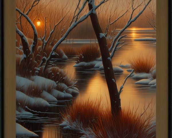 Framed Digital Painting of a Serene Winter Landscape