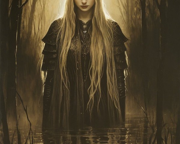 Mystical figure in dark armor in shadowy forest